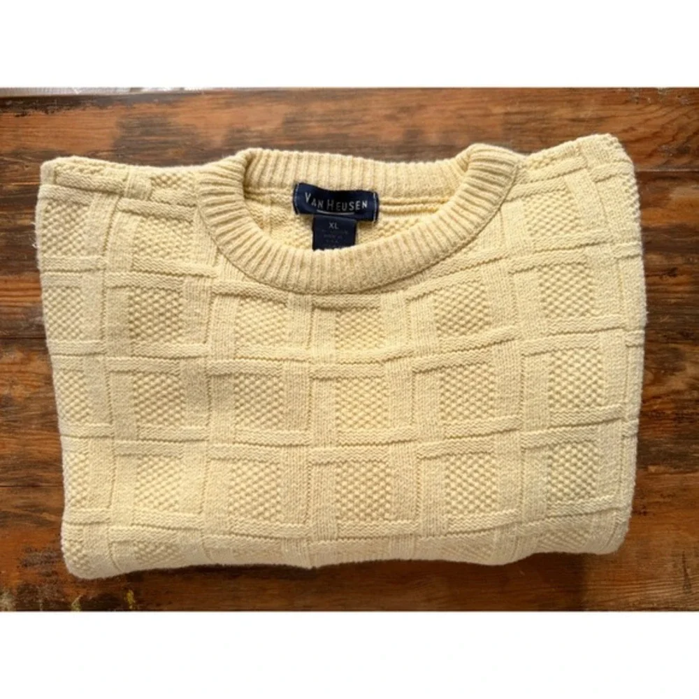 VTG Van Heusen 100% Cotton‎ Grandpa Sweater Butter Yellow Waffle Windowpane Knit